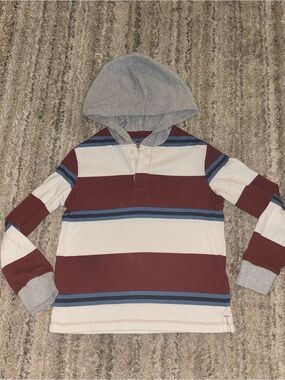 Kids Hooded Long-Sleeve Stripe Polo in Maroon, Cream & Blue
